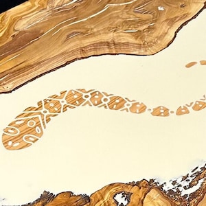 Olive Wood Coffee Table with White Epoxy Resin Snake - 60 x 45 cm - Swiss Made
