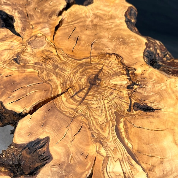 Rustic coffee table out of an olive wood root cookie slab #10 - 68 x 53 cm - Swiss Made