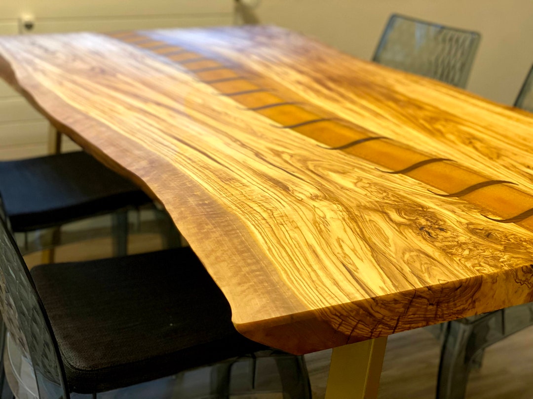 Live Edge Olive Wood Dining Table With Golden Epoxy River and Etsy