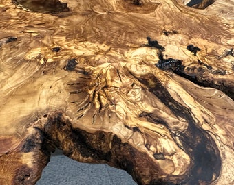 Rustic coffee table out of an olive wood root cookie slab #11 - 56 x 48 cm - Swiss Made