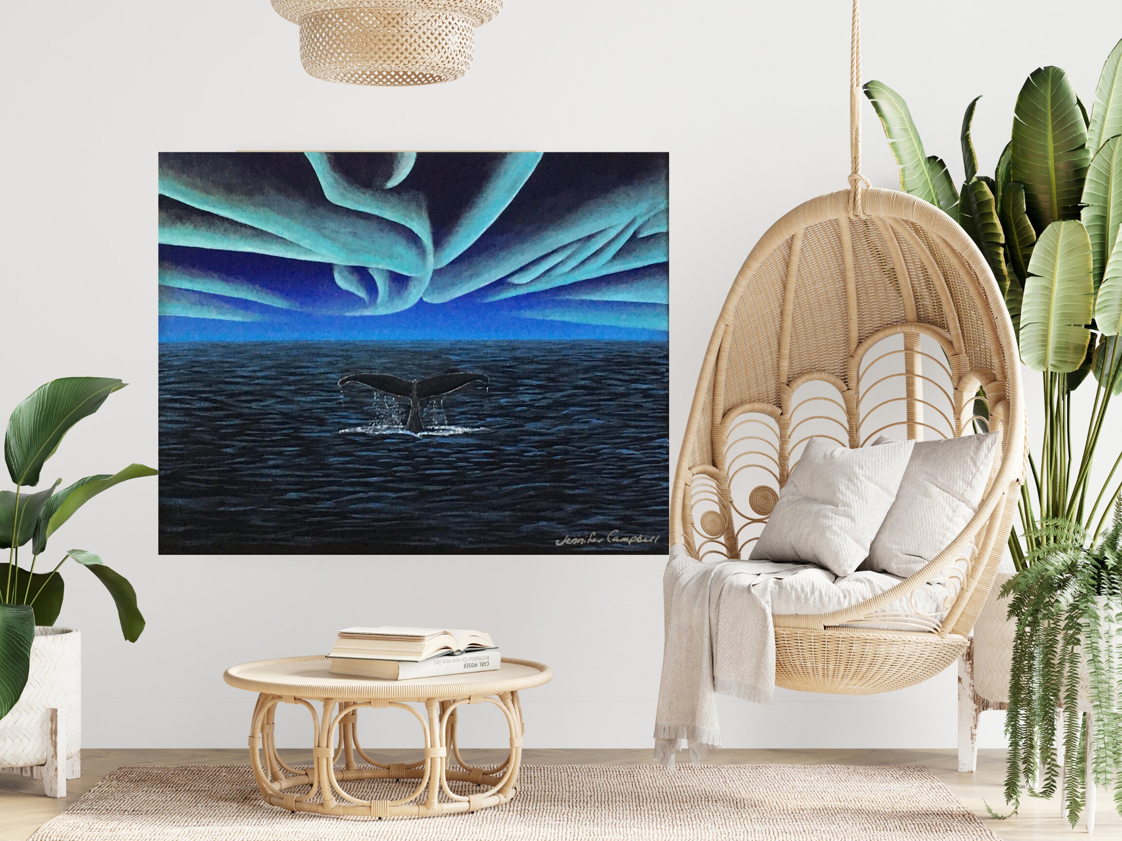 Dive Into Serenity: Whale's Tail in Ocean, Northern Lights Painting