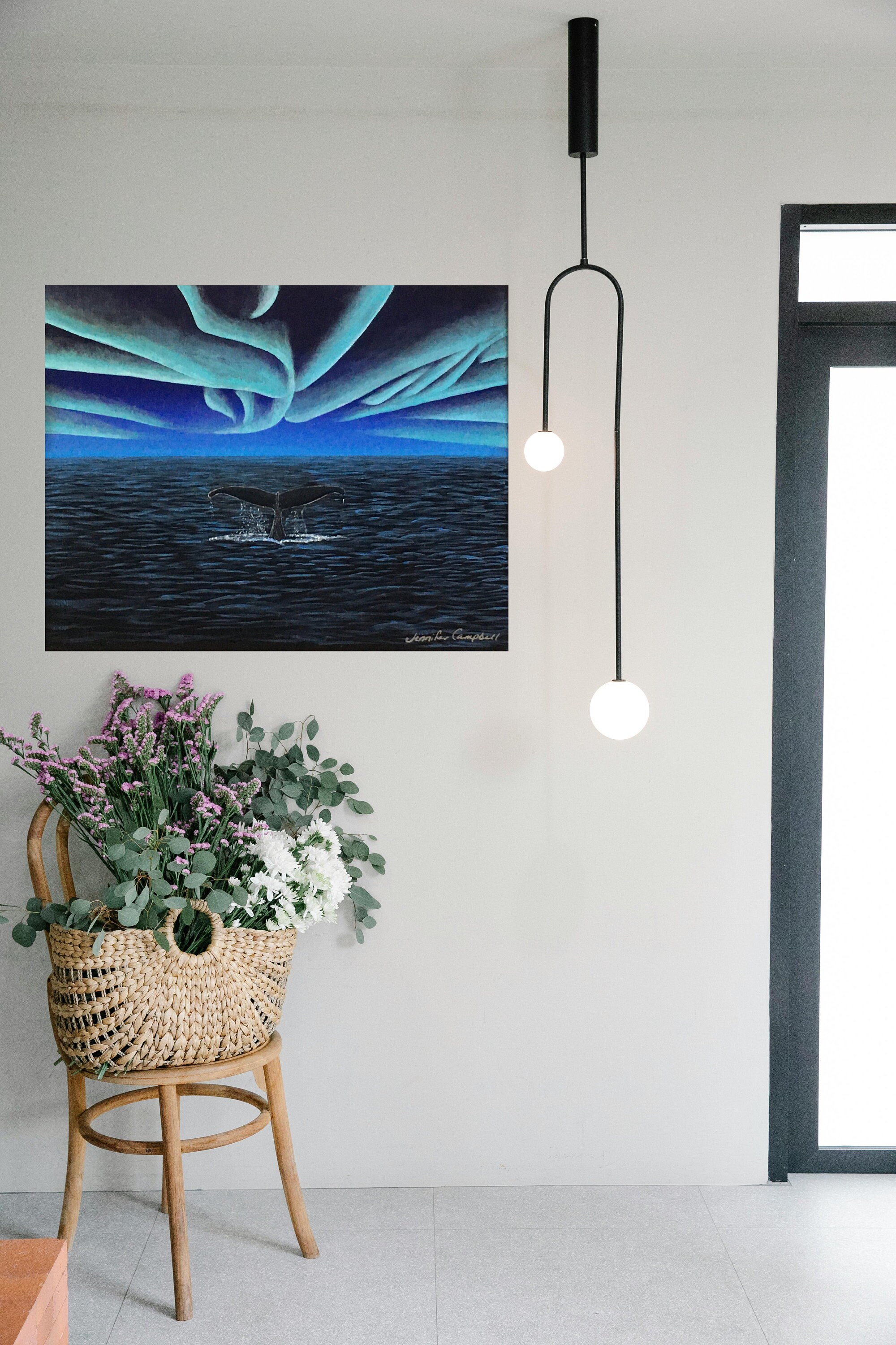 Dive Into Serenity: Whale's Tail in Ocean, Northern Lights Painting