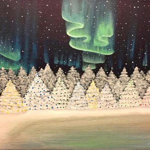 Northern Lights Christmas Trees Printable | Winter Landscape Wall Art | Holiday Digital Decor | 24x18” Rustic Aurora Print