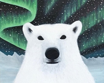Polar Bear Under Northern Lights | Winter Arctic Wall Art Printable | Aurora Borealis Animal Scene | 24x18 Inch Digital Download