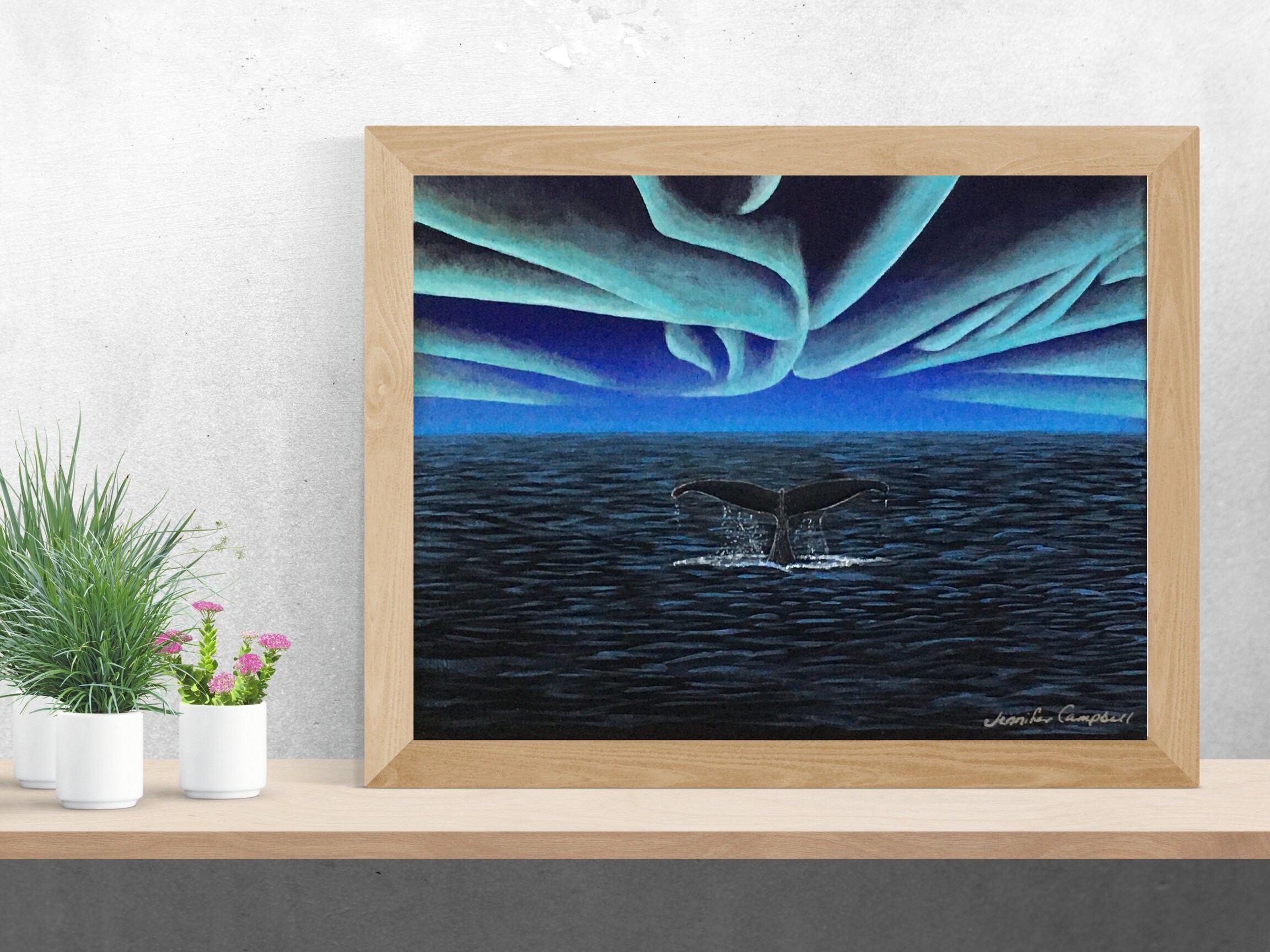 Dive Into Serenity: Whale's Tail in Ocean, Northern Lights Painting