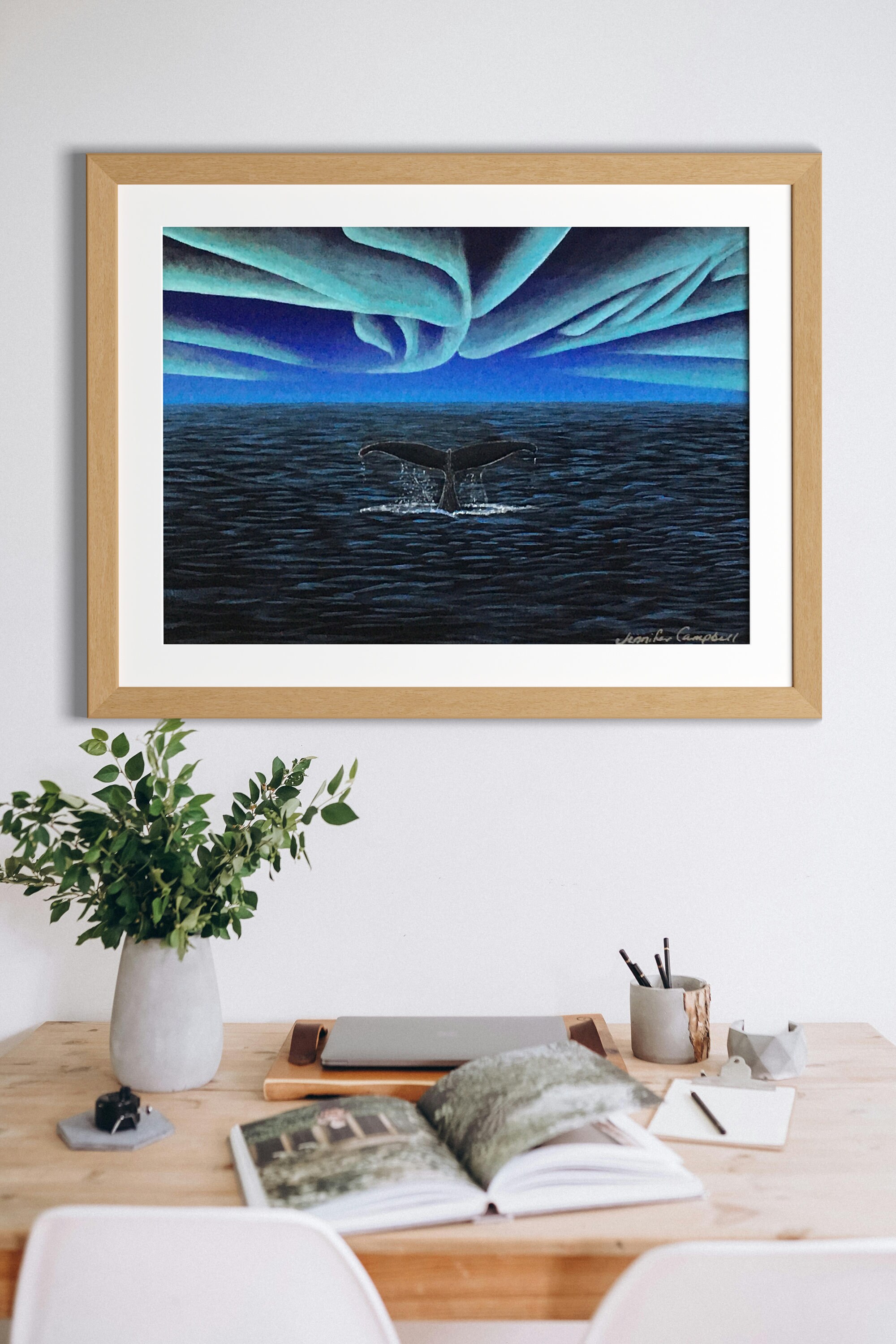 Dive Into Serenity: Whale's Tail in Ocean, Northern Lights Painting