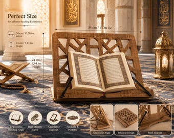 Soporte de madera ajustable para el Corán / Rehal plegable / Soporte hecho a mano para libros y tabletas / Decoración islámica para el hogar / Regalo musulmán para Ramadán y Eid