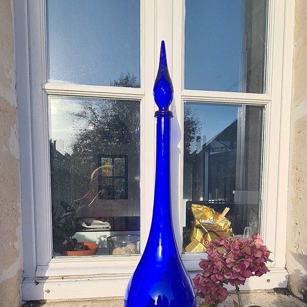 tall Empoli genie bottle decanter glass cased cobalt blue