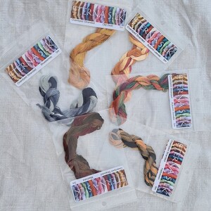 May include: Overdyed stranded silk embroidery floss in various colors, including Old Gold, Autumn Leaves, and Madrona. Each skein is packaged in a clear plastic sleeve with a label that reads "ETERNA SILK". The floss is arranged on a white linen surface.