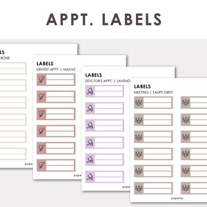 May include: Four sheets of rectangular adhesive appointment labels with the text APPT. LABELS at the top. Each sheet features rows of icons including telephones, teeth, stethoscopes, and meeting groups in bone, mauve, lavender, and taupe grey colours.