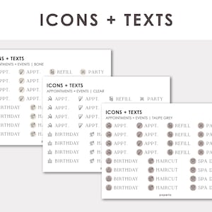 以下が含まれることがあります： 「ICONS + TEXTS」と記されたプランナーステッカーのシート3枚。APPT.、REFILL、PARTY、BIRTHDAY、HAIRCUT、SPA DAYなどのテキストラベルと小さなアイコンが並んでいます。シートはボーン、クリア、トープグレーのカラーバリエーションで構成されています。