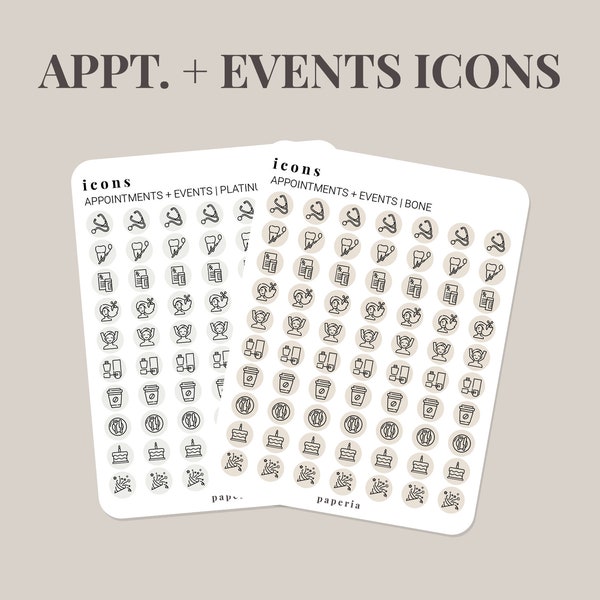 Icônes assorties - Appt & Events - Autocollants de planificateur minimal - Feuille d'autocollants de 3 "x 4"