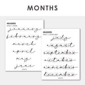 Op de afbeelding: Twee witte rechthoekige vellen met het woord MONTHS bovenaan. Het eerste vel toont januari tot en met juni in zwart cursief schrift, gelabeld HEADERS STYLE 1 | BONE. Het tweede vel toont juli tot en met december, gelabeld HEADERS STYLE 1 | TAUPE GREY.