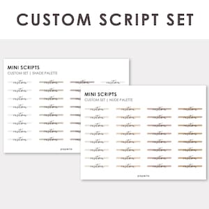 Puede incluir: Dos hojas rectangulares de pegatinas etiquetadas CUSTOM SCRIPT SET, MINI SCRIPTS, CUSTOM SET | SHADE PALETTE y CUSTOM SET | NUDE PALETTE. Cada hoja contiene filas de pequeño texto cursivo negro que dice custom sobre barras beige.