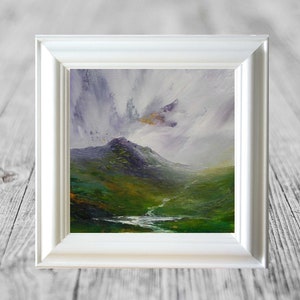 Green Lochan, original Scottish dramatic mountain landscape painting of a small mountain lake and waterfall in the highlands of Scotland