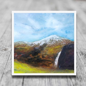 May include: A painting of a snow-capped mountain with a waterfall cascading down the side. The sky is a light blue with white clouds. The mountain is painted in shades of brown, green, and white.