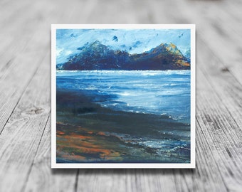 May include: A painting of a seascape with two dark blue mountains in the distance, a blue and white sea, and a dark blue and orange shoreline.