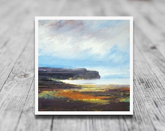 May include: A painting of a seascape with a rocky cliff in the foreground and a cloudy sky in the background. The water is a light blue and the sky is a light blue with white clouds. The cliff is a dark brown and the foreground is a mix of brown, green, and yellow.