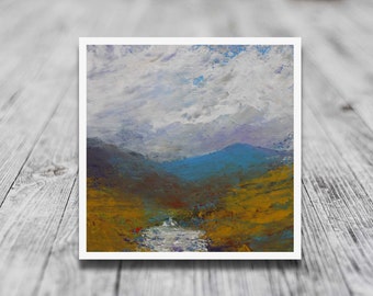 May include: A painting of a landscape with a river flowing through a valley. The sky is cloudy and the mountains are blue and green.