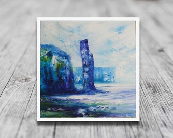 May include: An abstract landscape painting featuring a tall, vertical rock formation in shades of blue and purple. The artwork has a textured, impressionistic style, with a white border and a light blue sky.