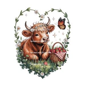 Vaca das Terras Altas PNG | Clipart Floral de Vaca Cottagecore | Vaca Bonita com Borboleta e Morangos | Design de Sublimação | Download de Arte de Animais de Fazenda