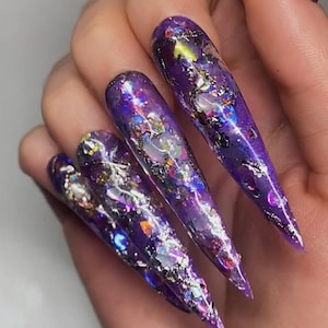 L to XXL Smoky Purple Quartz Opal 3D Crystal Witchy Dark Feminine Holographic Ethereal Glam Stiletto Handmade Silver Foiled Press On Nails