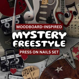 Freestyle Moodboard Mystery Handpainted Custom Press On Nails Set Red Rock Alt Grunge Punk Emo Aesthetic 00s Y2K Retro Vintage Scrapbook