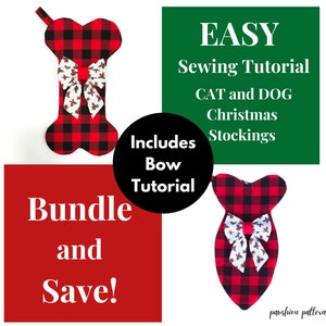 以下が含まれることがあります： 猫と犬のクリスマスストッキングを作るための縫製チュートリアルのデジタルダウンロードです。チュートリアルには、ボウの作り方の説明が含まれています。画像には、ボウが付いた赤と黒の格子縞のストッキングが2つ表示されています。画像のテキストには、「EASY Sewing Tutorial CAT and DOG Christmas Stockings Includes Bow Tutorial Bundle and Save!」と表示されています。