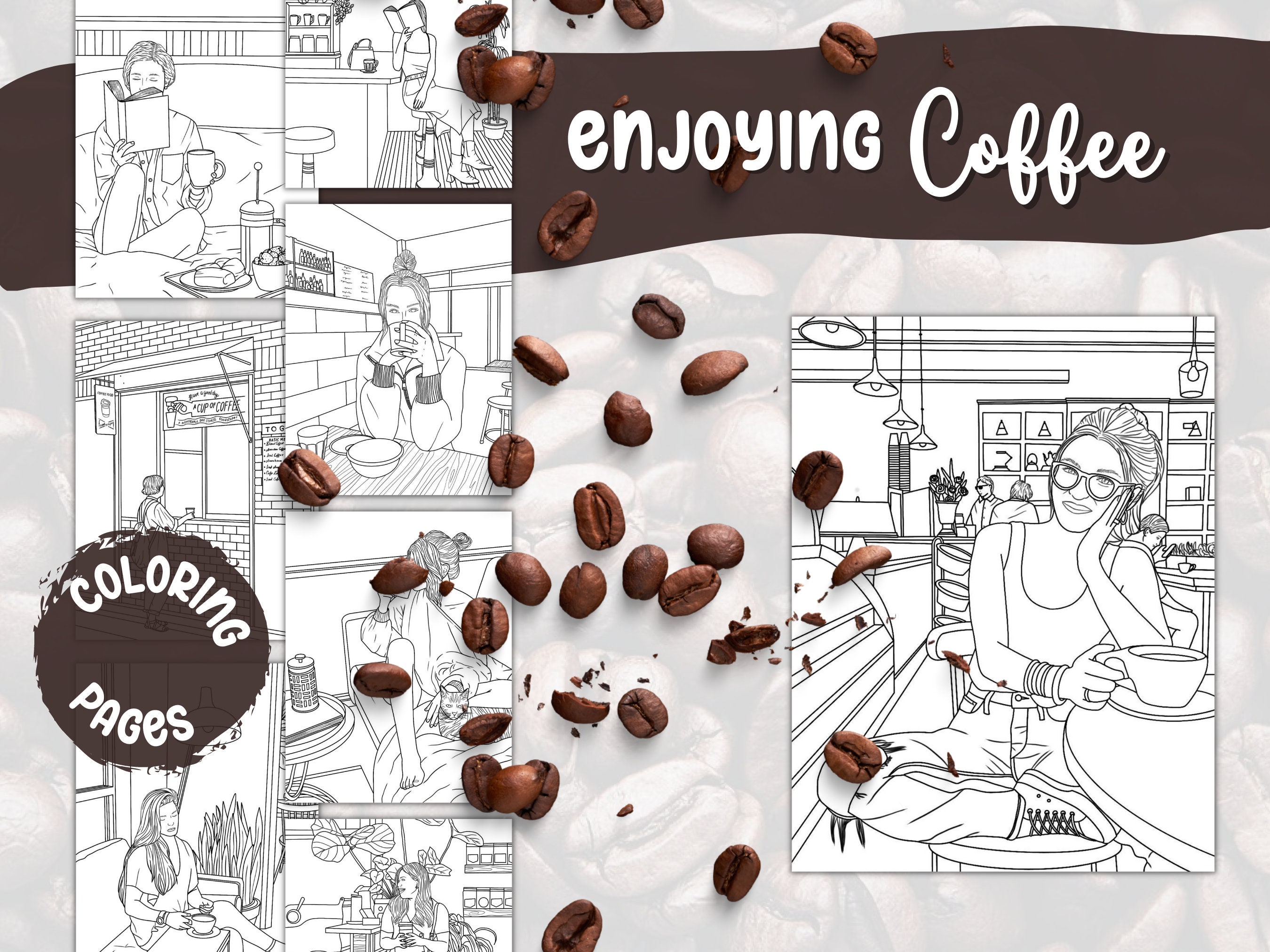 Enjoying Coffee Coloring Pages Coffee Themed Coloring Pages - Etsy