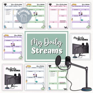 Puede incluir: Páginas de planificador imprimibles para streaming diario. Las páginas incluyen secciones para comenzar el streaming, revisar el streaming y mis streams diarios. Las páginas están decoradas con personajes de dibujos animados y un micrófono.