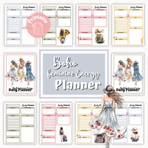 Boho druckbare Planer | Thema weibliche Energie | 4 Farben (Grau,Rosa,Grün,Gelb) | tägliche Seiten | A4 & Letter