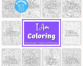 May include: A set of 10 printable coloring pages featuring positive affirmations. Each page has a different affirmation, such as "I am capable", "I am beautiful", "I am smart", "I am creative", "I am lovable", "I am worthy", "I am unique", "I am safe", and "I am thankful". The pages are decorated with intricate floral designs.