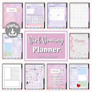 Könnte beinhalten: Ein digitaler Planer in rosa und lila. Der Planer enthält Seiten zum Journaling, einen Kalender, einen Essenstracker, einen Wochenplaner und einen Tagesplaner. Der Planer ist mit Goodnotes kompatibel.
