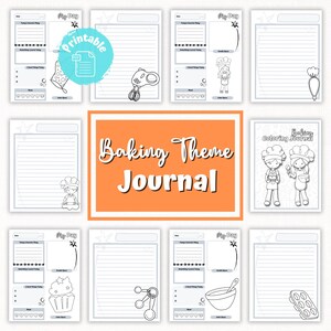 May include: Printable baking themed journal with black and white illustrations of baking tools, cupcakes, and chefs. The journal pages include space for writing, a mood tracker, and a section for today's favourite thing.