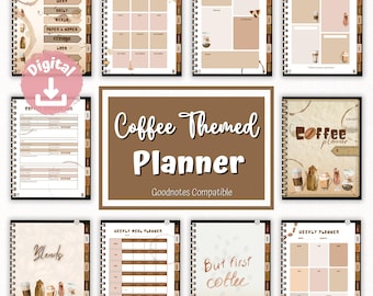 Puede incluir: Un planificador digital con temática de café. El planificador incluye páginas para la planificación diaria, semanal y mensual, así como una sección para notas y objetivos. El planificador es compatible con Goodnotes.