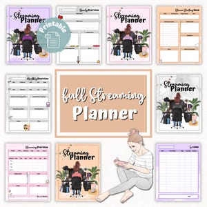 Puede incluir: Un planificador digital imprimible para streamers, con páginas para la planificación mensual y semanal, la programación de transmisiones y el seguimiento de los ingresos. El planificador presenta una ilustración de dibujos animados de una mujer transmitiendo en una computadora.