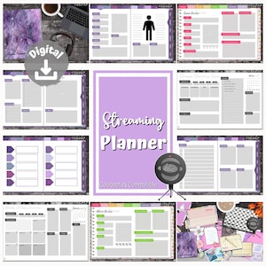 May include: A digital streaming planner with a purple and gray color scheme. The planner includes sections for content ideas, stream schedule, and more. The planner is compatible with Goodnotes.