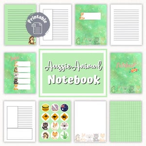 Peut inclure: Carnet imprimable Aussie Animal avec des pages vertes et dorées représentant différents animaux australiens. Le carnet comprend des pages pour l'index, des notes et une page quadrillée.