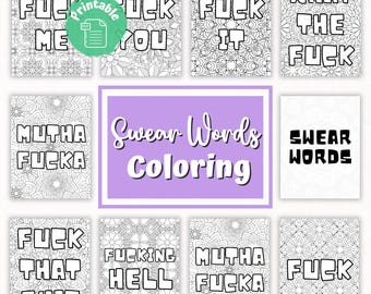 May include: A printable colouring page set featuring swear words in a black and white mandala design. The title of the set is "Swear Words Colouring".