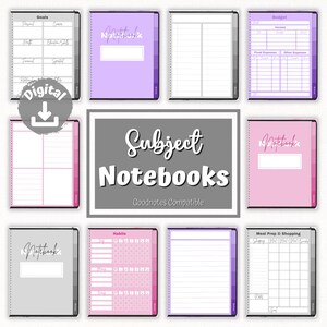 Peut inclure: Un ensemble de carnets numériques pour sujets compatibles avec Goodnotes. Les carnets sont de différentes couleurs, notamment rose, violet et gris. Chaque carnet a un design différent, notamment un suivi des objectifs, un suivi du budget, un suivi des habitudes et une liste de préparation des repas et de courses.