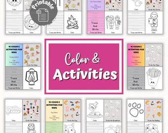 Pode incluir: Um conjunto de folhas de trabalho imprimíveis para crianças com 10 atividades de colorir e traçar. Cada página apresenta um tema diferente, como acampar, trabalhos e animais. As folhas de trabalho incluem atividades de colorir, traçar e circular.