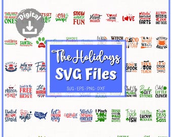 Puede incluir: Una colección de 48 archivos SVG coloridos con diseños temáticos de vacaciones y estaciones. Los diseños incluyen frases como "Felices Fiestas", "Mucha Diversión en la Nieve", "Dejen que la Libertad Suene", "Amor", "Bruja", y "Truco o Enseña".
