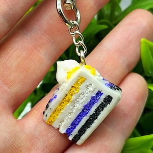 May include: A small, colorful cake slice charm with a silver-tone clasp. The cake features layers of white, yellow, blue, and black, topped with a dollop of white frosting. The charm is attached to a silver-tone keychain.