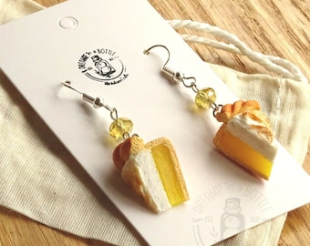 Handmade clay lemon meringue pie earrings with glass "crystal" beading, clay miniature food jewellery