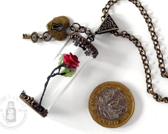 Miniature paper rose an a vial pendant, paper rose in a bottle steampunk necklace