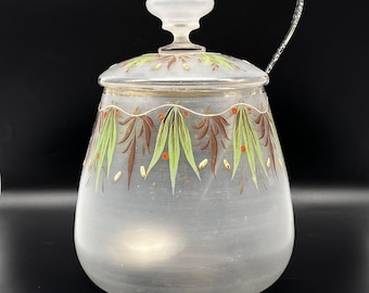 Antique Bohemian Enameled Frosted Glass 12" Punch Bowl W/Lid Silver-Plated Spoon