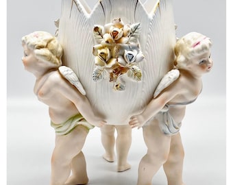 Mid-Century Lenwile Ardalt 27,5 cm große Porzellan Cherub Tulpenkopf Herzstück/Vase