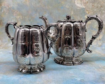 Antique Victorian Silver Plated Teapot And Sugar Bowl Repousse Floral And Scrollwork