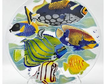 Peggy Karr Skål med smält glas, tropisk fisk, korallrev, 33 cm dekorations-/serveringsfat