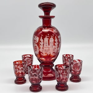 Egermann Bohemian Crystal Flashed Ruby Cut To Clear Decanter and 6 Shot Glasses
